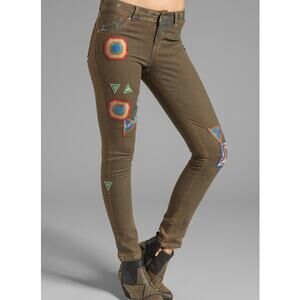Revolve Chaser Womens 27 Green Patched Boho Skinny Denim Jeans Retro NWT